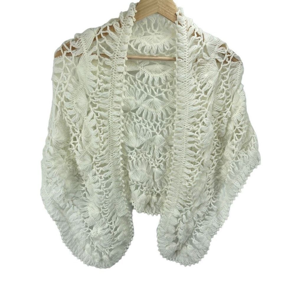 Women's Handmade Crochet Shawl Acrylic Open Knit One Size White
